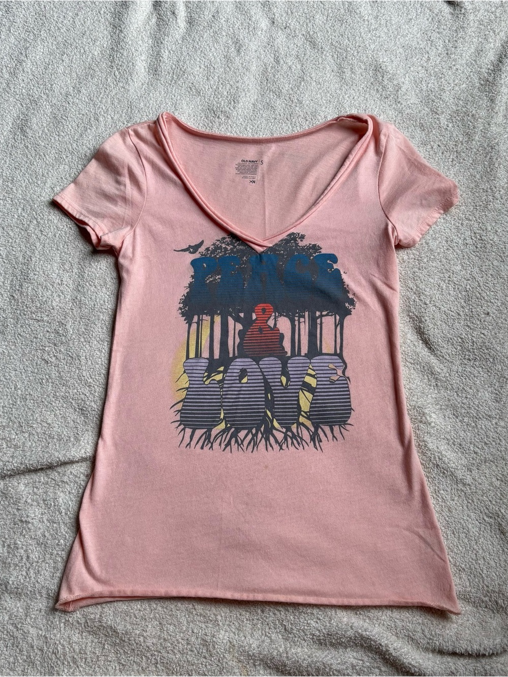 Old Navy Pink V-Neck Graphic Tee with Navy & Yellow Print
